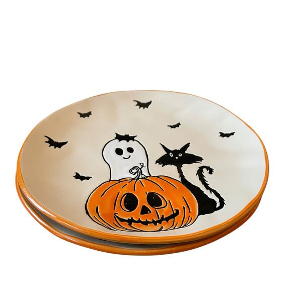 ELI & ANA Halloween Salad Plates 8in Black Cat Bats Ghost Pumpkin Set of 2 New - Picture 5 of 11